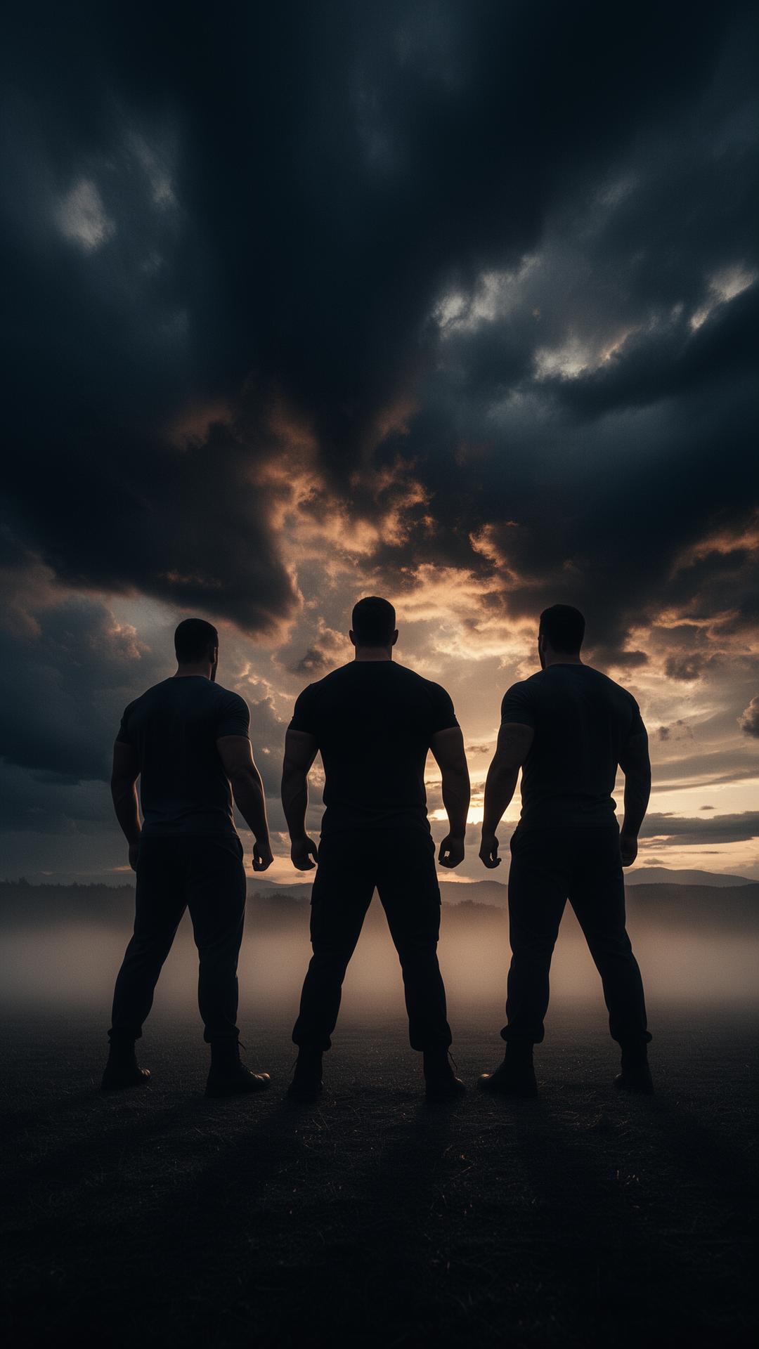 Brothers standing together, silhouetted against a dramatic sky